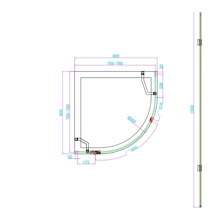 Athena 800mm x 800mm x 6mm Quadrant Enclosure – Black - Image 2