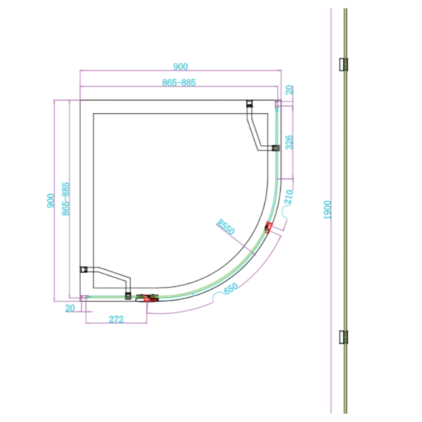 Athena 900mm x 900mm x 6mm Quadrant Enclosure – Black - Image 2