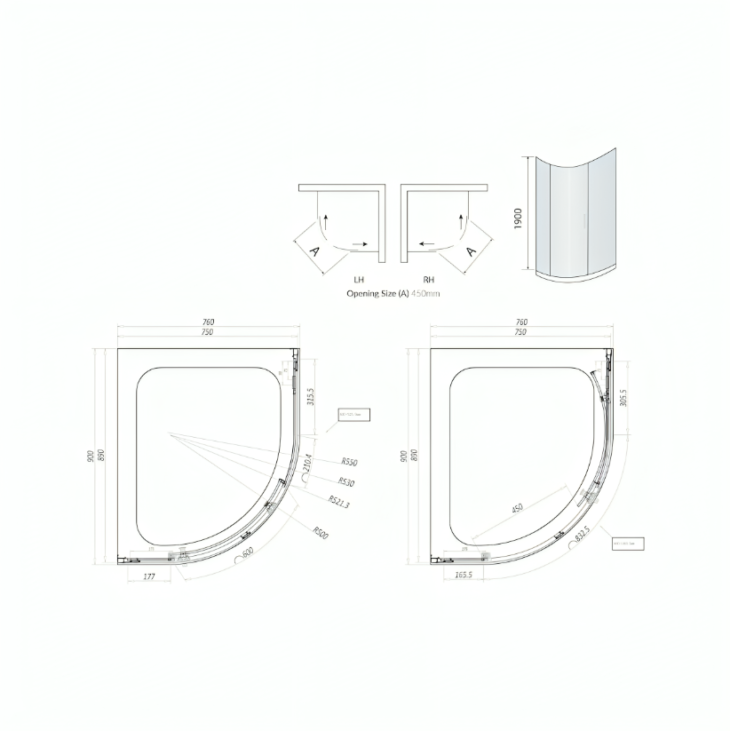 Offset Quadrant Enclosure 900mm x 760mm - Chrome - Image 2