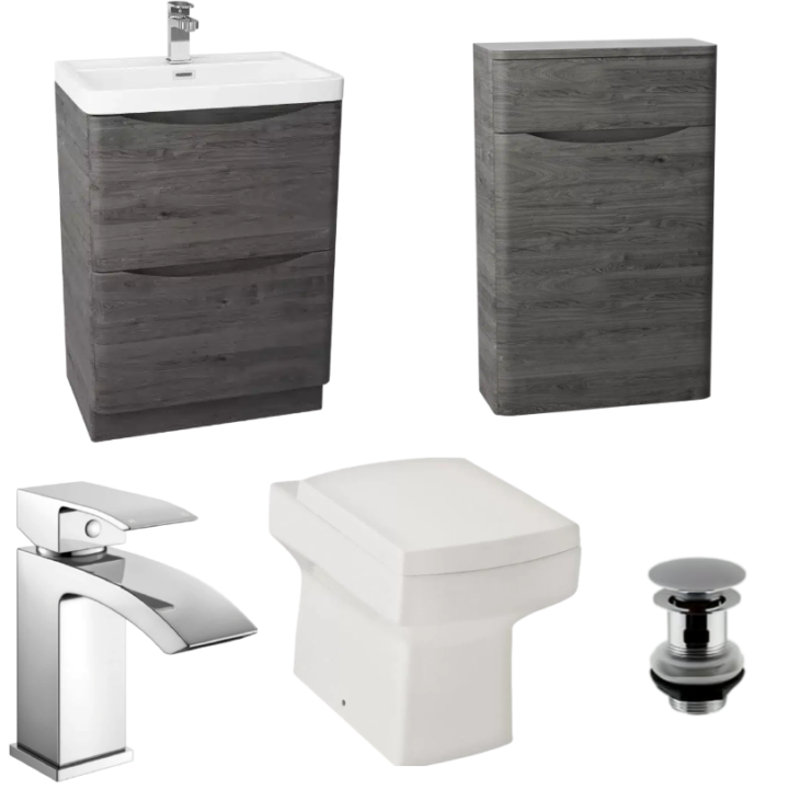 Graphite Oak Vanity Package With WC Toilet Unit Tap & Basin
