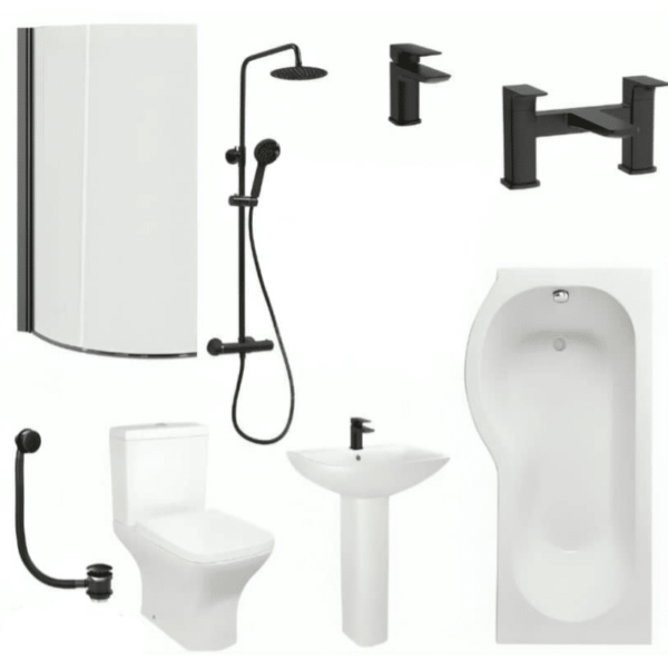 1700mm P Shaped Bath Complete Suite - Matt Black