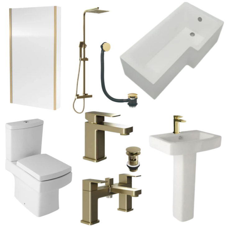 Brushed Brass Bathroom Suite 1700mm L Shaped Bath Package