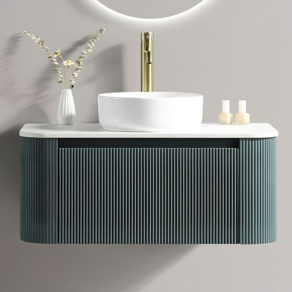 Fluted 870mm Wall Hung Vanity Unit & Counter Top - Sage Green - Image 2