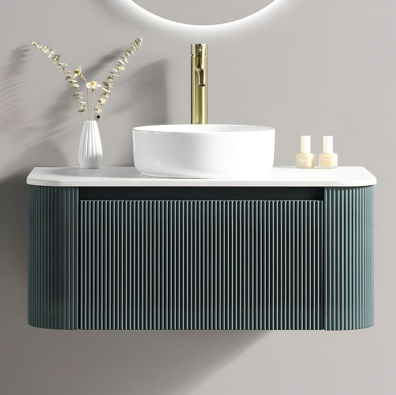 Fluted 870mm Wall Hung Vanity Unit & Counter Top - Sage Green - Image 2