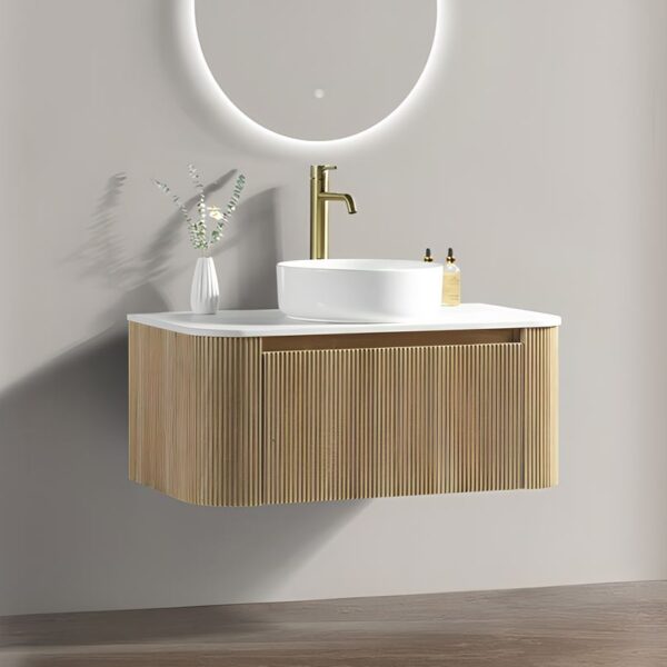 Fluted 870mm Wall Hung Vanity Unit & Counter Top – Country Oak - Image 2