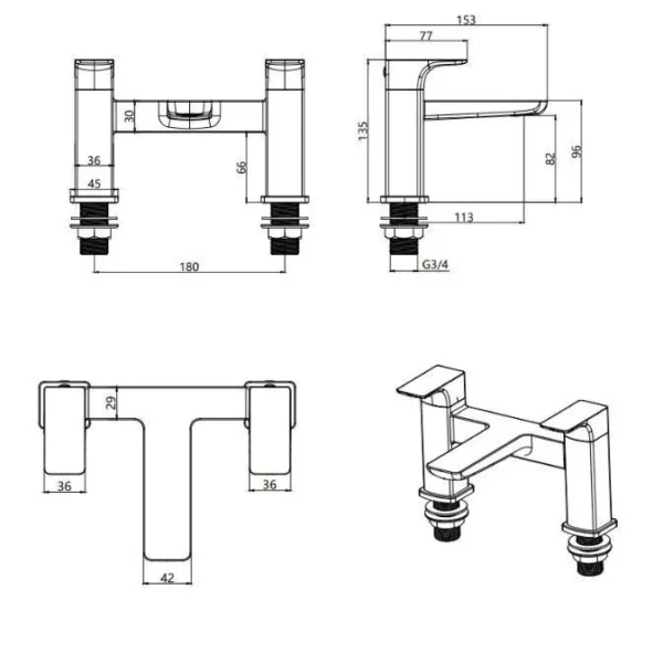 1700mm P Shaped Bath Complete Suite - Matt Black - Image 12