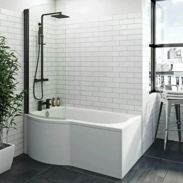 1700mm P Shaped Bath Complete Suite - Matt Black - Image 2