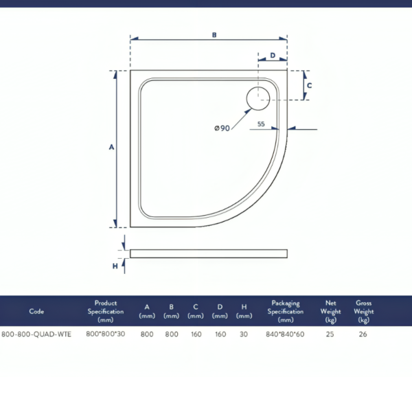 Eco-Stone Quadrant White Shower Tray – Available in 800mm & 900mm - Image 3