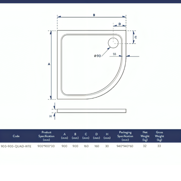 Eco-Stone Quadrant White Shower Tray – Available in 800mm & 900mm - Image 4