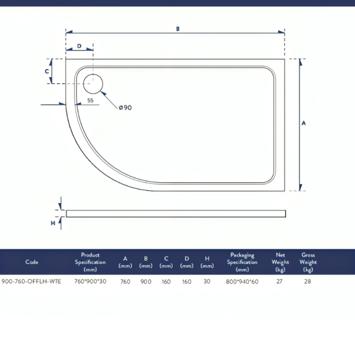 Eco-Stone Offset Left Hand Quadrant Tray - Various Sizes - Image 3