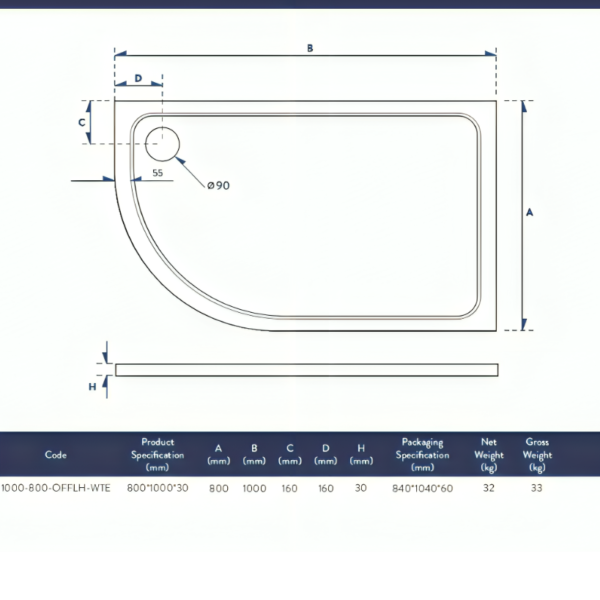 Eco-Stone Offset Left Hand Quadrant Tray - Various Sizes - Image 4