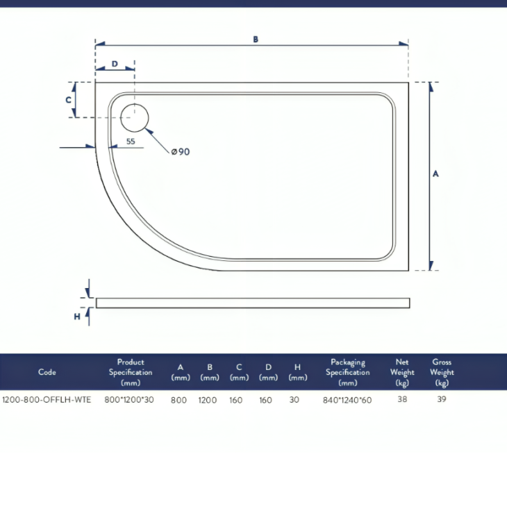 Eco-Stone Offset Left Hand Quadrant Tray - Various Sizes - Image 5