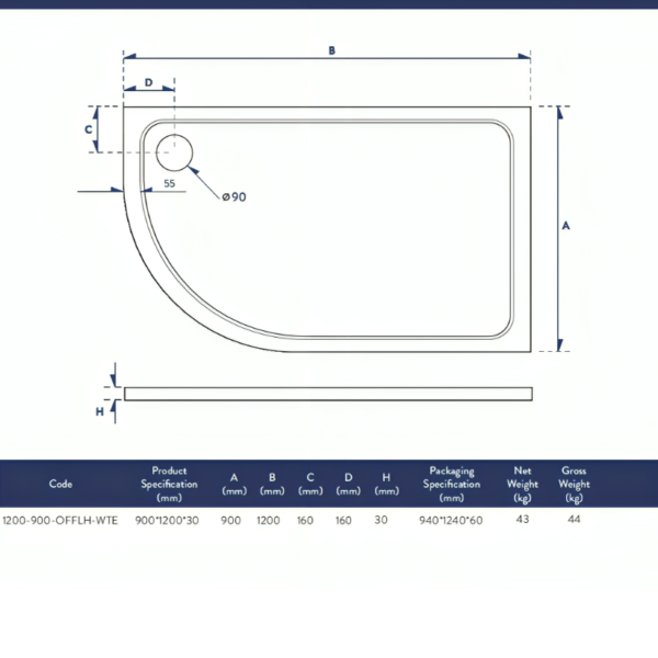 Eco-Stone Offset Left Hand Quadrant Tray - Various Sizes - Image 6