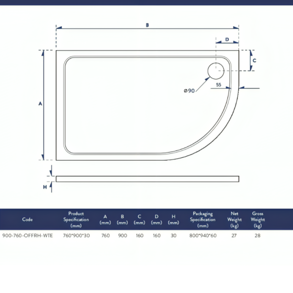 Eco-Stone Offset Right Hand Quadrant Tray – Various Sizes - Image 3
