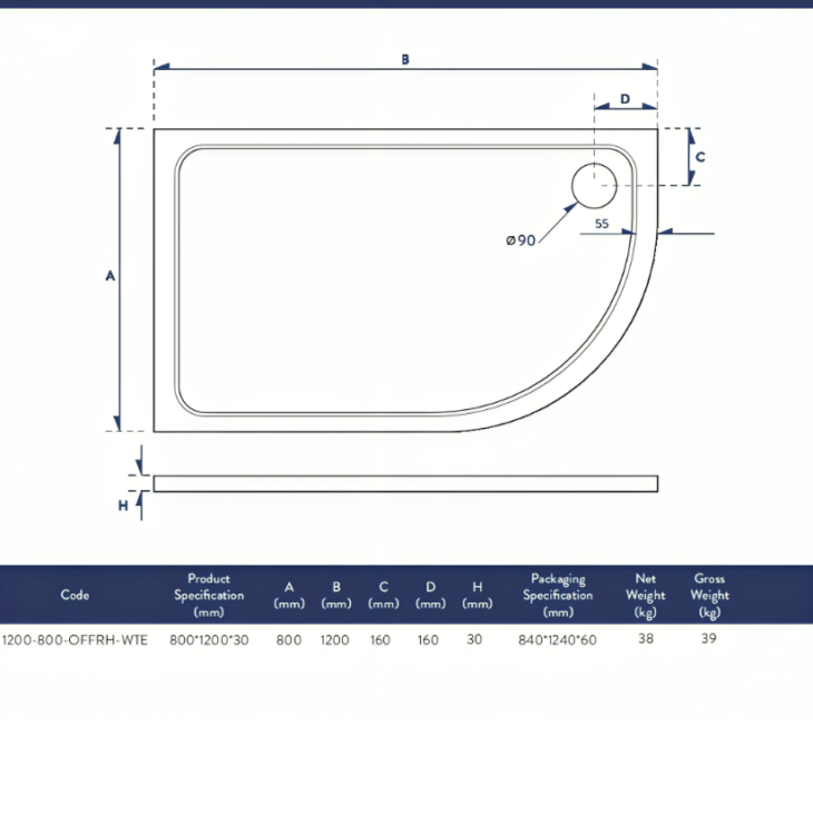 Eco-Stone Offset Right Hand Quadrant Tray – Various Sizes - Image 5
