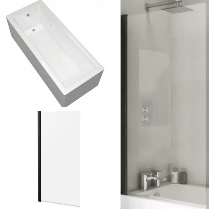 Modern Sqaure Single Ended Bath & Black Shower Screen Bundle Set