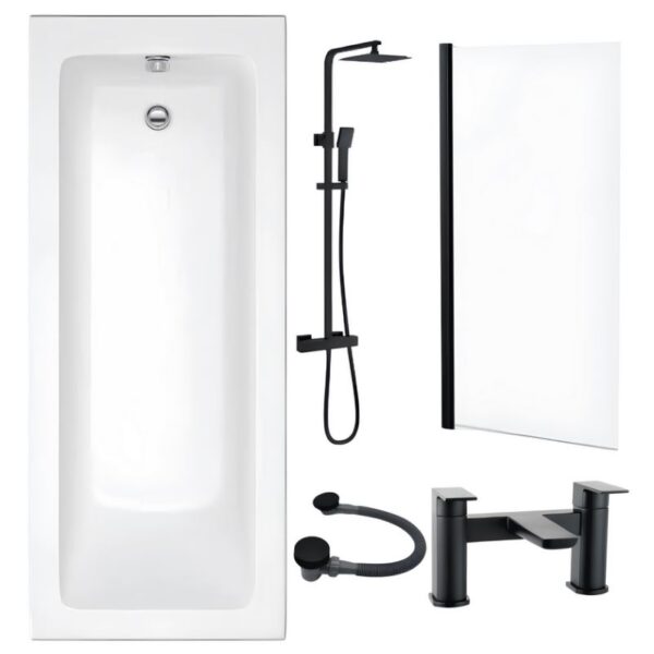 Matt Black Bath Shower Suite With Bath Filler and Shower Screen