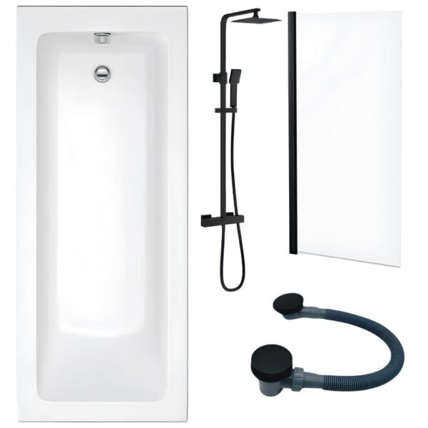 Black Shower & Bath Bundle With Black Hinged Screen & Waste