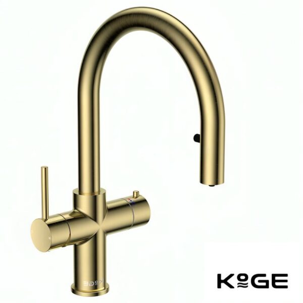 Scudo Brushed Brass KoGE 4-in-1 Swan Pull Out Spout Boiling Tap - With Hot Water Tank & Filtration Kit