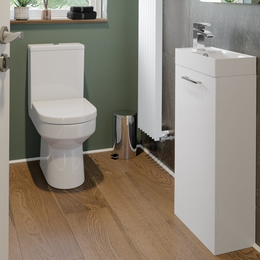 White Gloss Floor Standing Cloakroom Basin Vanity Unit And 410mm Toilet Set - Image 2