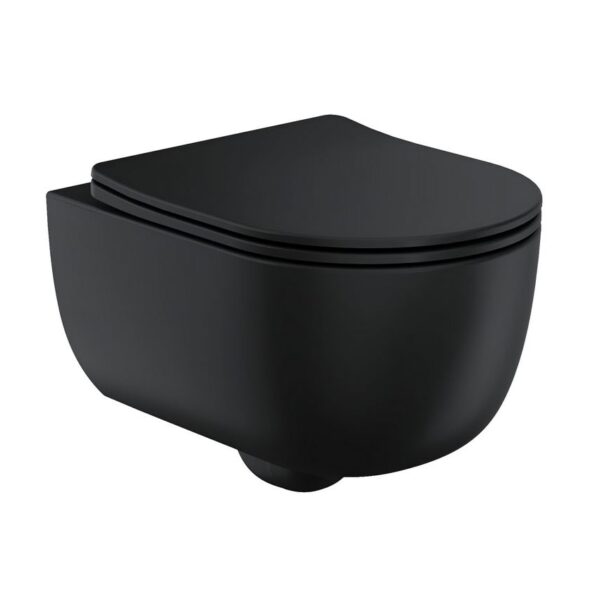 Matt Black Riviera Rimless Round Wall Hung WC & Soft Close Seat