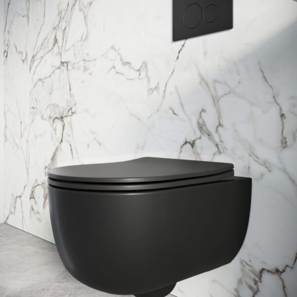 Matt Black Riviera Rimless Round Wall Hung WC & Soft Close Seat - Image 3