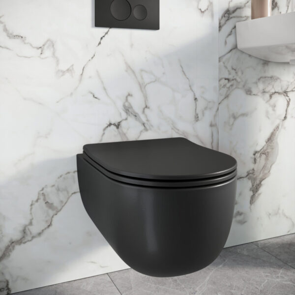 Matt Black Riviera Rimless Round Wall Hung WC & Soft Close Seat - Image 2