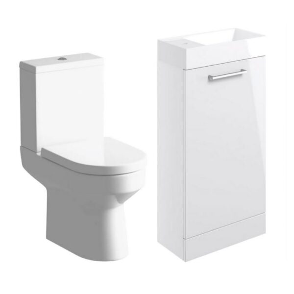 White Gloss Floor Standing Cloakroom Basin Vanity Unit And 410mm Toilet Set