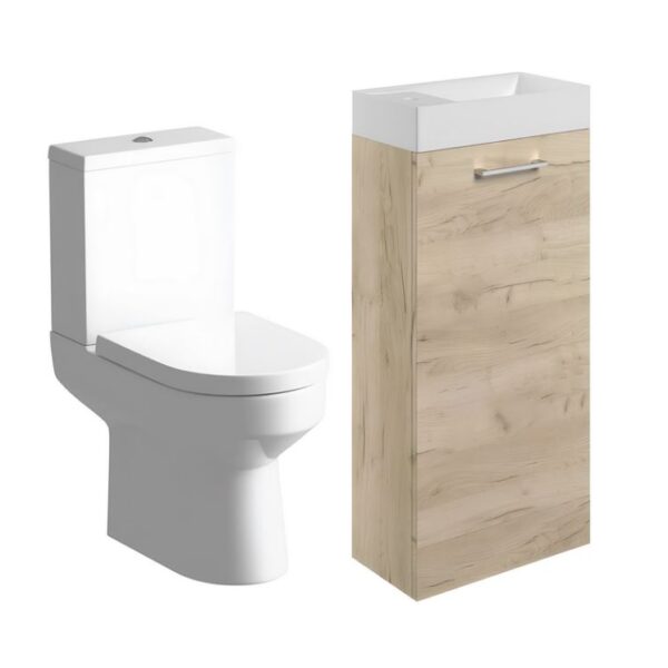 Oak Floor Standing Cloakroom Basin Vanity Unit And 410mm Toilet Set