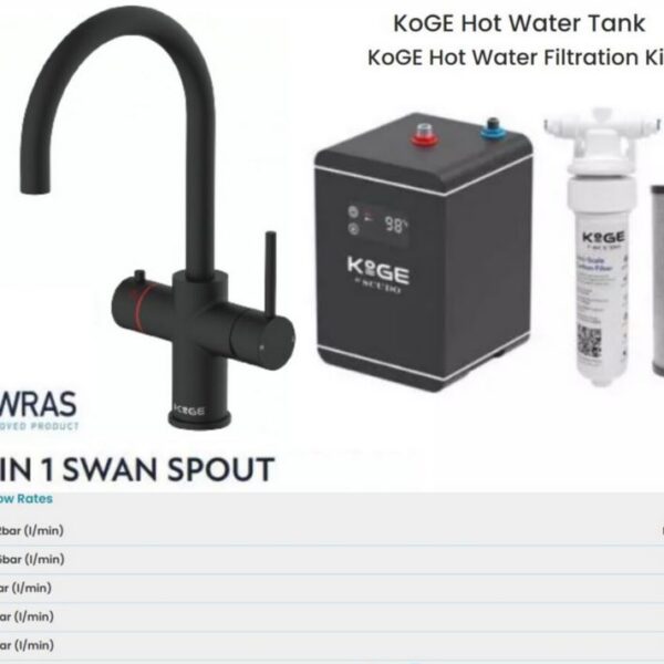Sognare Matt Black KoGE 3-in-1 Swan Spout Boiling Tap - With Hot Water Tank & Filtration Kit - Image 4