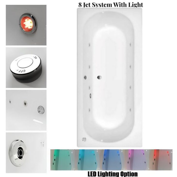 Koller Round Double Ended Whirlpool Bath 1700mm x 700mm 6-8-11 Jets & Lights - 8 Jet Bath & Lights
