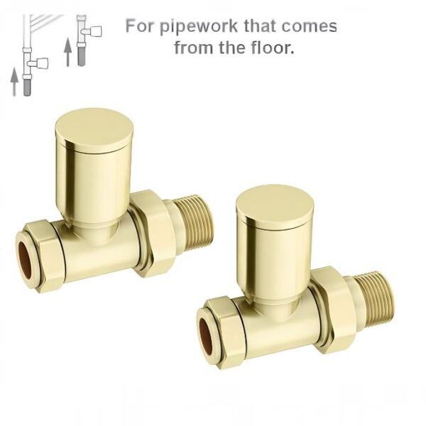 Round Brushed Brass Towel Rail Valves Straight (Pair) - Image 2
