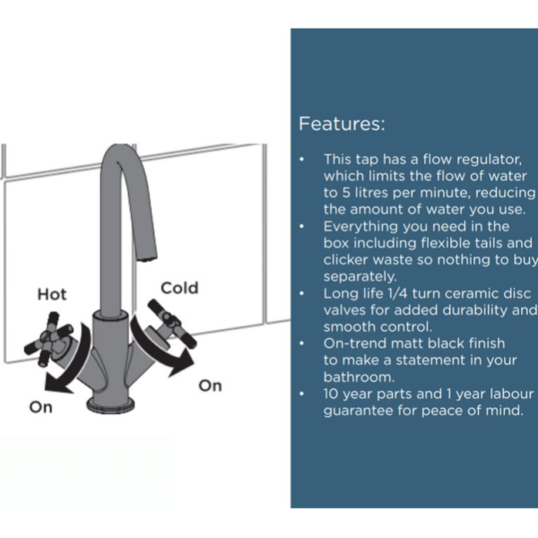 Bristan Cruzar Basin Mixer Tap with Clicker Waste - Black - Image 5