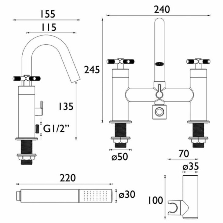Bristan Cruzar Brushed Brass Deck Mounted Bath Shower Mixer Tap - Image 4