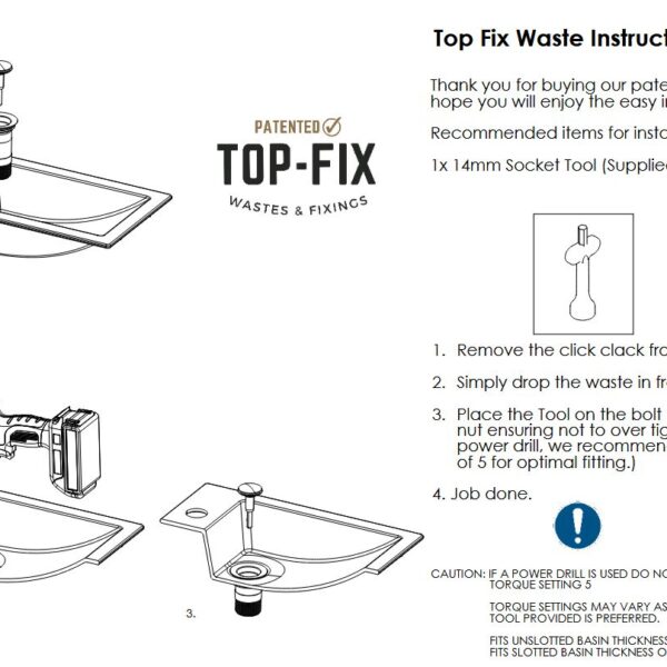 Top Fix Matt Black Slotted Basin Click Clack Waste With Overflow - Image 4