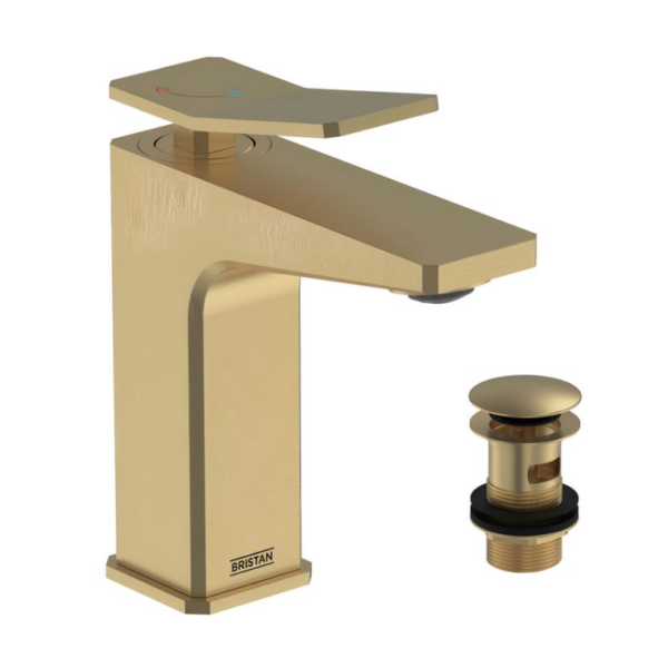 Bristan Tangram Eco Start Basin Mixer with Clicker Waste - Brushed Brass
