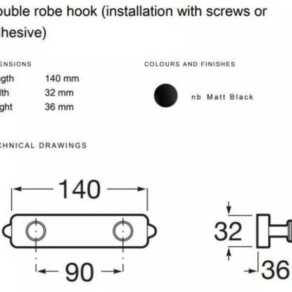Roca Sonata Double Robe Hook - Matt Black - Image 3