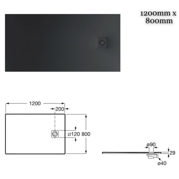 Roca Black Terran-N Rectangle Superslim Shower Tray - 1200mm x 800mm