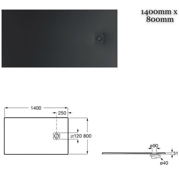 Roca Black Terran-N Rectangle Superslim Shower Tray - 1400mm x 800mm
