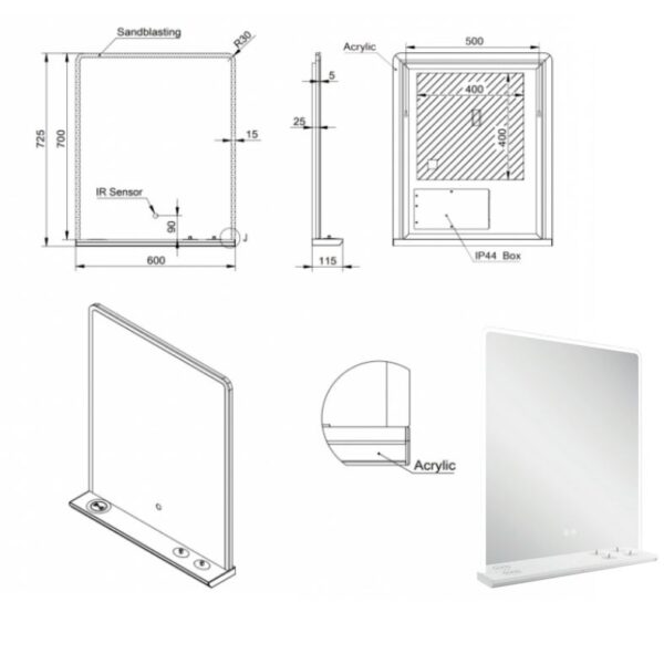 Charj LED Mirror With Shelf and Charging Points - Various Sizes - 600mm x 700mm