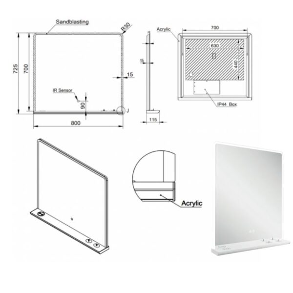 Charj LED Mirror With Shelf and Charging Points - Various Sizes - 800mm x 700mm