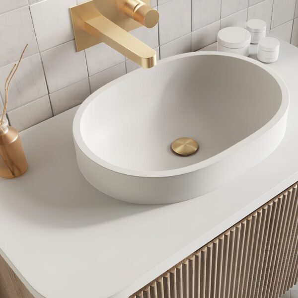Sognare Linea Curve Fluted Oak 600mm Basin Vanity Unit & Optional Brushed Brass Frame - Image 7