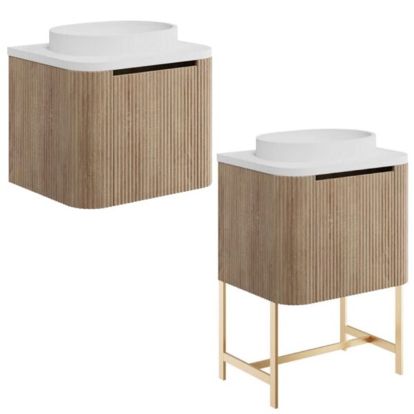Sognare Linea Curve Fluted Oak 600mm Basin Vanity Unit & Optional Brushed Brass Frame