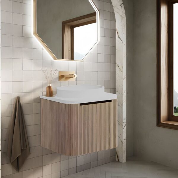Sognare Linea Curve Fluted Oak 600mm Basin Vanity Unit & Optional Brushed Brass Frame - Image 4