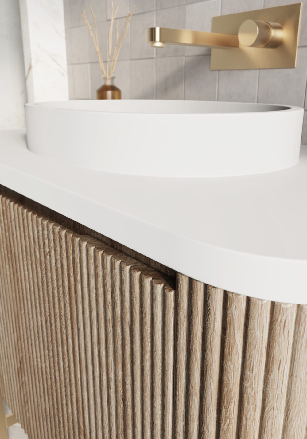 Sognare Linea Curve Fluted Oak 600mm Basin Vanity Unit & Optional Brushed Brass Frame - Image 5