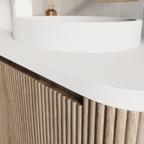 Sognare Linea Curve Fluted Oak 600mm Basin Vanity Unit & Optional Brushed Brass Frame - Image 5