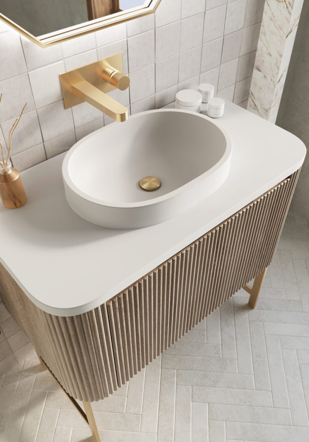 Sognare Linea Curve Fluted Oak 600mm Basin Vanity Unit & Optional Brushed Brass Frame - Image 6