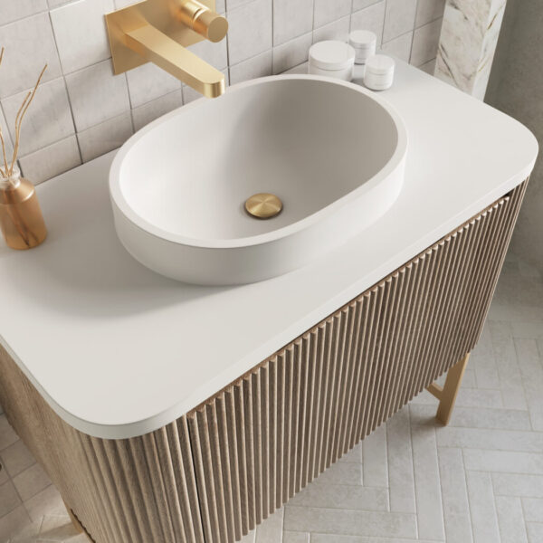 Sognare Linea Curve Fluted Oak 600mm Basin Vanity Unit & Optional Brushed Brass Frame - Image 6