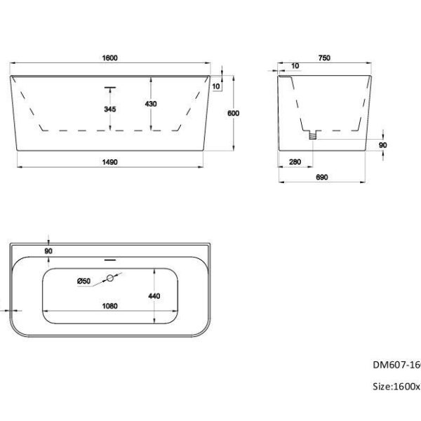 Matt Grey Tigre 1600mm Free Standing Bath - Image 7