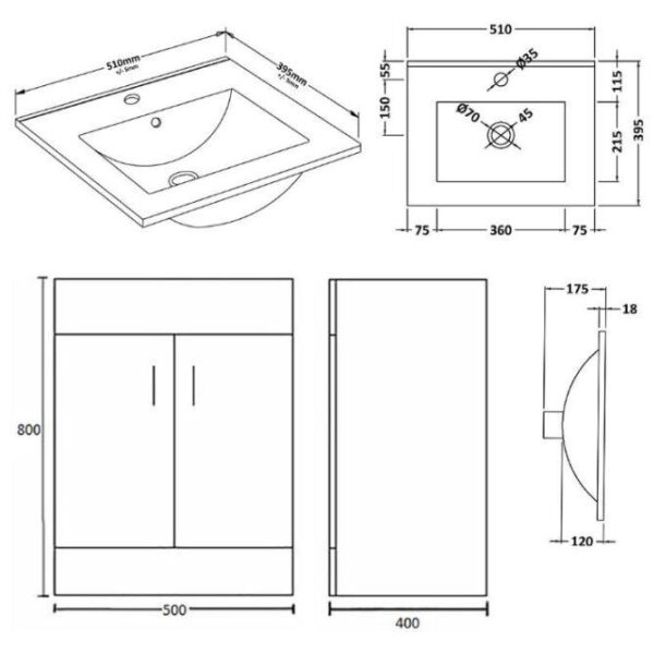 Nuie Eden Floor Standing 500mm Bathroom Cabinet & Basin - White Gloss - Image 6